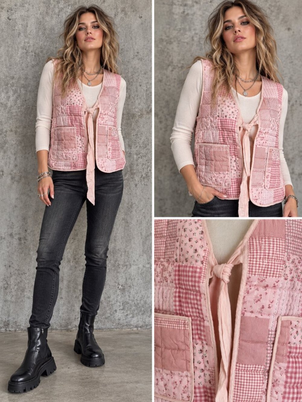 Stoosh Pink Patchwork Quilted Tie Front Vest Patch Pockets M NWT